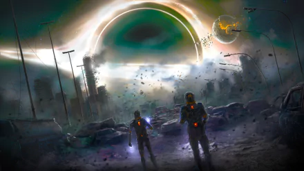 Sci-fi apocalyptic HD PC desktop wallpaper: two armored figures with orange chest lights walk a rubble-strewn street beneath a colossal luminous ring portal, shattered moons and drifting debris overhead.
