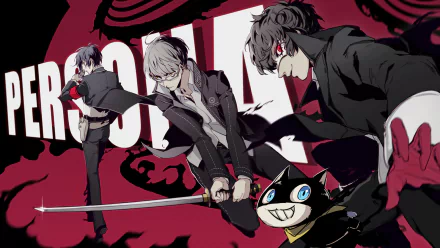 HD PC desktop wallpaper featuring Minato Arisato, Yu Narukami, Joker, and Morgana from the Persona video game series in dynamic action poses.