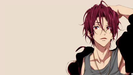 HD desktop wallpaper featuring Rin Matsuoka from the anime Free! stands against a neutral background, gazing forward with his hand in his hair.