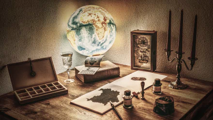 Vintage still life featuring a globe, compass, candle holder with candles, old books, and map pieces on a wooden desk, captured in HD for a desktop wallpaper background.