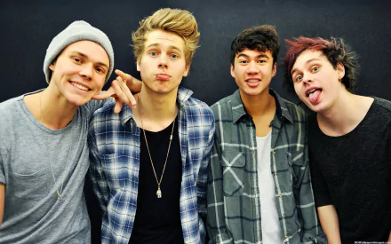HD wallpaper featuring the band 5 Seconds Of Summer, with four smiling members posing casually for a background image.