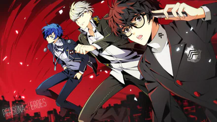 HD PC desktop wallpaper featuring Joker, Yu Narukami, and Minato Arisato from the Persona video game series in dynamic poses against a red background.