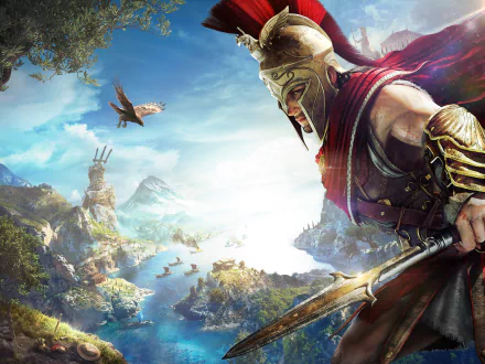 HD desktop wallpaper and background of Assassin's Creed Odyssey shows a warrior in ancient armor overlooking a vibrant coastal landscape with a bird soaring in the sky.