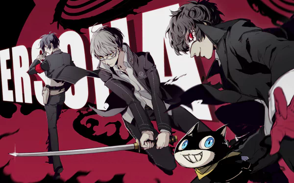 HD PC desktop wallpaper featuring Minato Arisato, Yu Narukami, Joker, and Morgana from the Persona video game series in dynamic action poses.