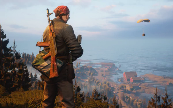 HD desktop wallpaper of a character from Vigor viewing a coastal landscape with a parachute descending in the background.
