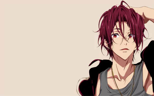 HD desktop wallpaper featuring Rin Matsuoka from the anime Free! stands against a neutral background, gazing forward with his hand in his hair.