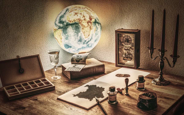 Vintage still life featuring a globe, compass, candle holder with candles, old books, and map pieces on a wooden desk, captured in HD for a desktop wallpaper background.