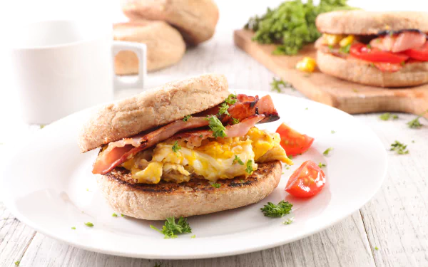 8K Ultra HD still life of a breakfast sandwich with eggs, bacon, and tomatoes on a white plate, set against a bright background with fresh ingredients.