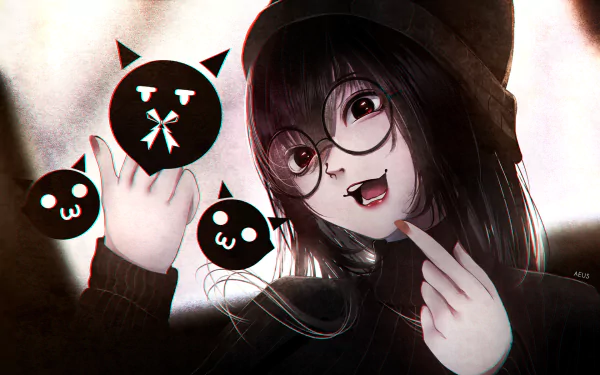 HD anime desktop wallpaper featuring an original character with glasses, dark hair, and playful expressions alongside cute cat-like icons.
