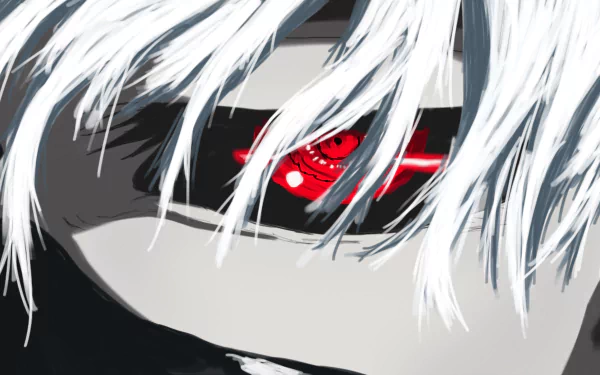 HD desktop wallpaper featuring Ken Kaneki from the anime Tokyo Ghoul, showcasing his intense red eye set against his white hair.