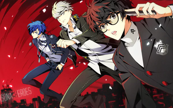 HD PC desktop wallpaper featuring Joker, Yu Narukami, and Minato Arisato from the Persona video game series in dynamic poses against a red background.