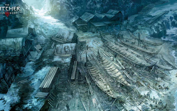 8K Ultra HD desktop wallpaper from The Witcher 3: Wild Hunt showing a detailed, snowy shipyard scene with boats and wooden structures in a video game environment.