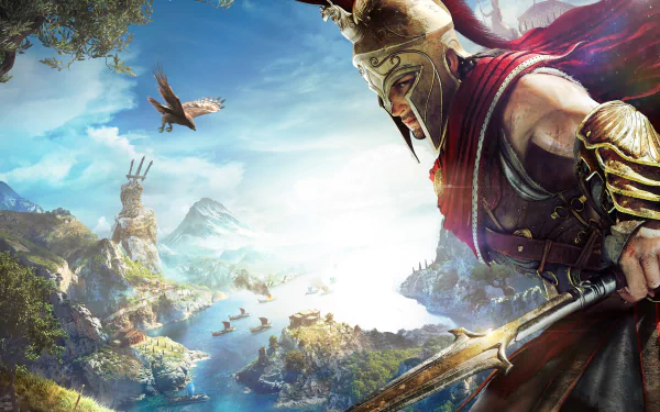 HD desktop wallpaper and background of Assassin's Creed Odyssey shows a warrior in ancient armor overlooking a vibrant coastal landscape with a bird soaring in the sky.