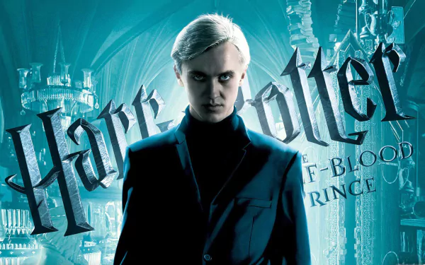 HD desktop wallpaper featuring Tom Felton as Draco Malfoy from the movie Harry Potter and the Half-Blood Prince, set against a dark, eerie background.