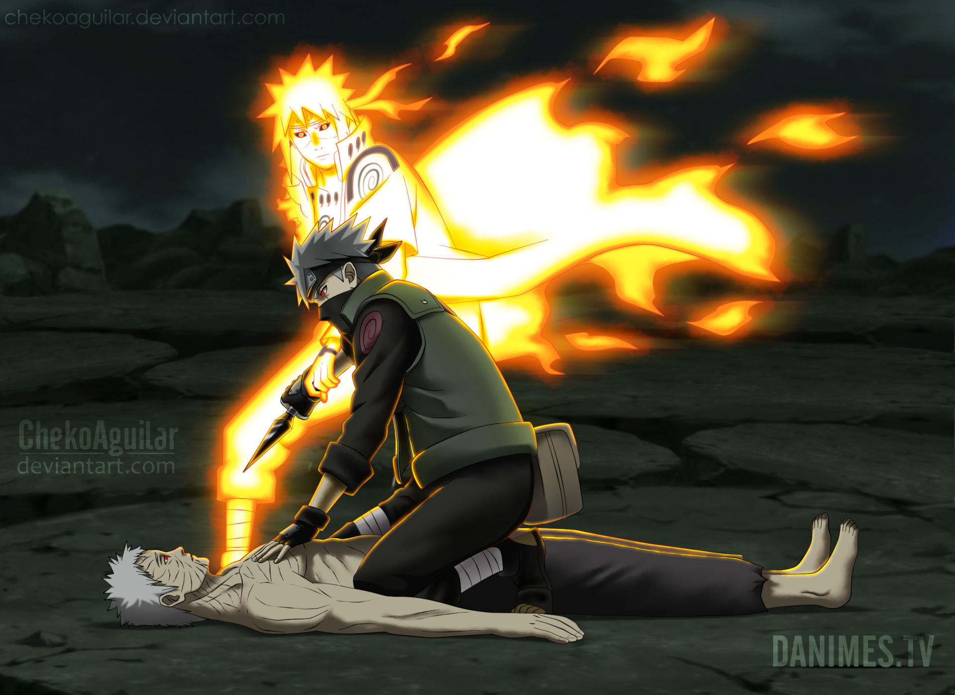 HD anime desktop wallpaper featuring Kakashi Hatake kneeling over an unconscious Obito Uchiha, with Minato Namikaze's glowing chakra figure in the background from Naruto.