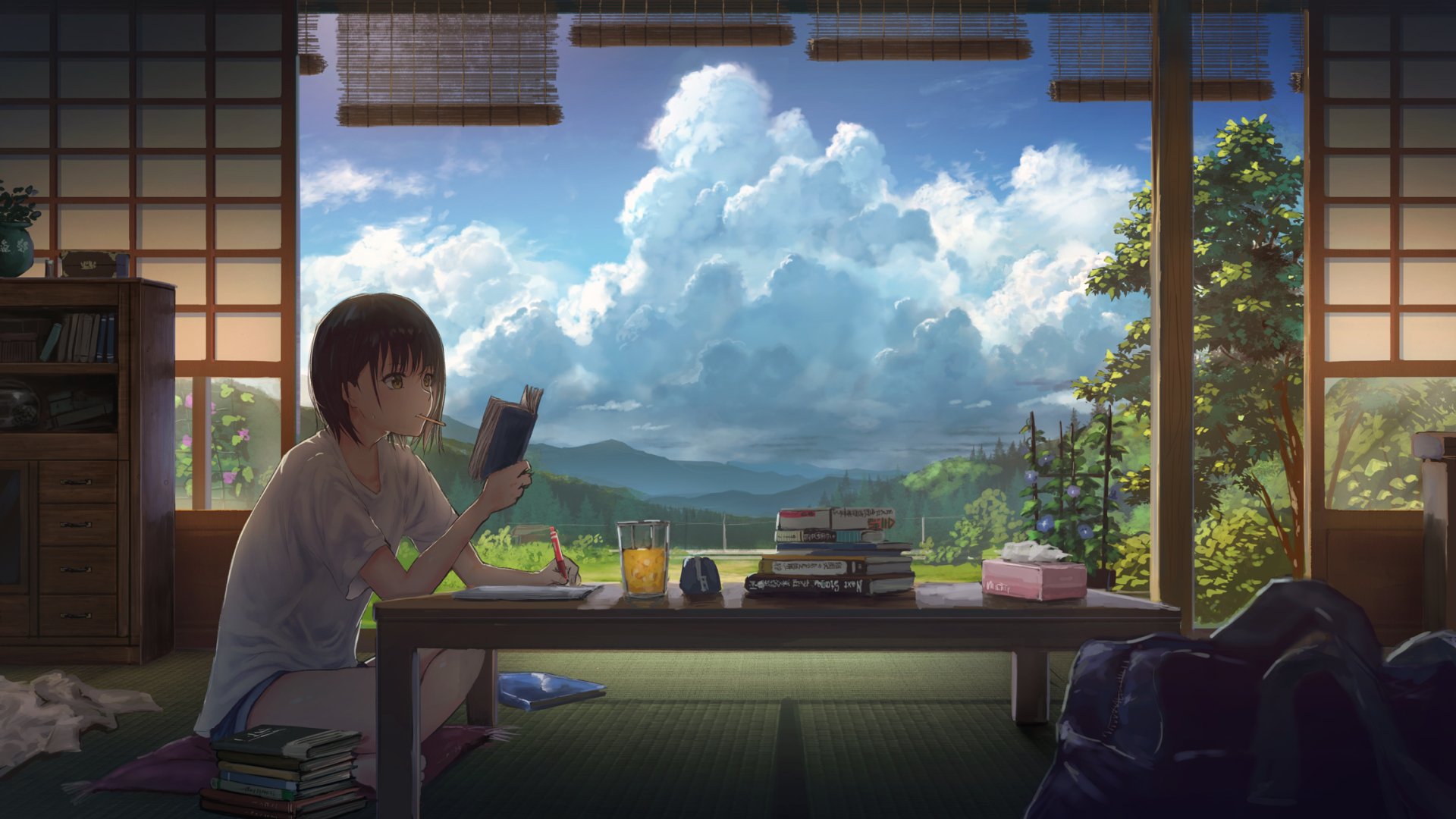 Anime-style wallpaper featuring a girl reading a book in a serene room with an open window showing a scenic mountain view.