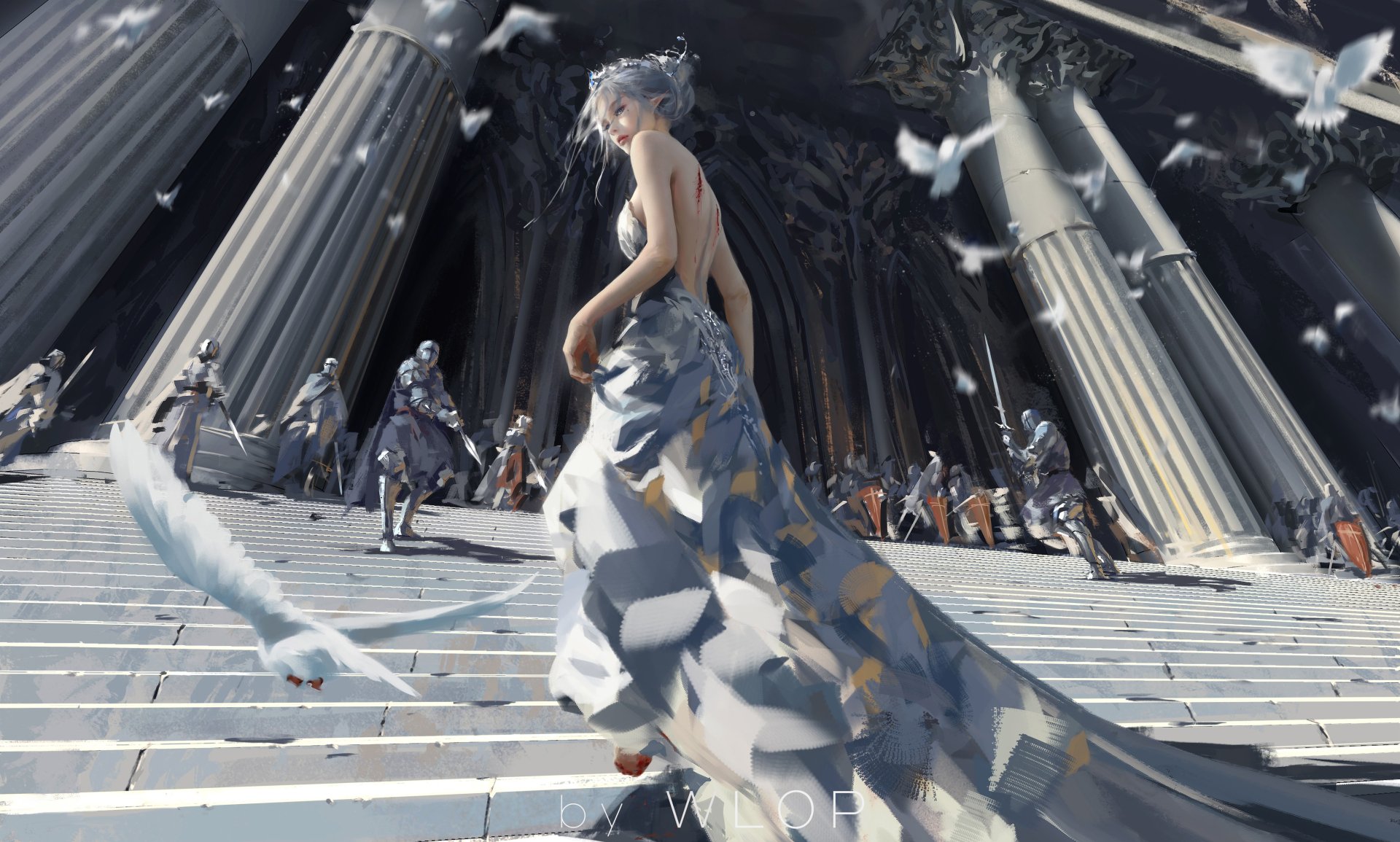 An elf in an elegant gown stands on grand steps, surrounded by birds and a majestic building, in a fantasy comic scene from GhostBlade. HD wallpaper background.