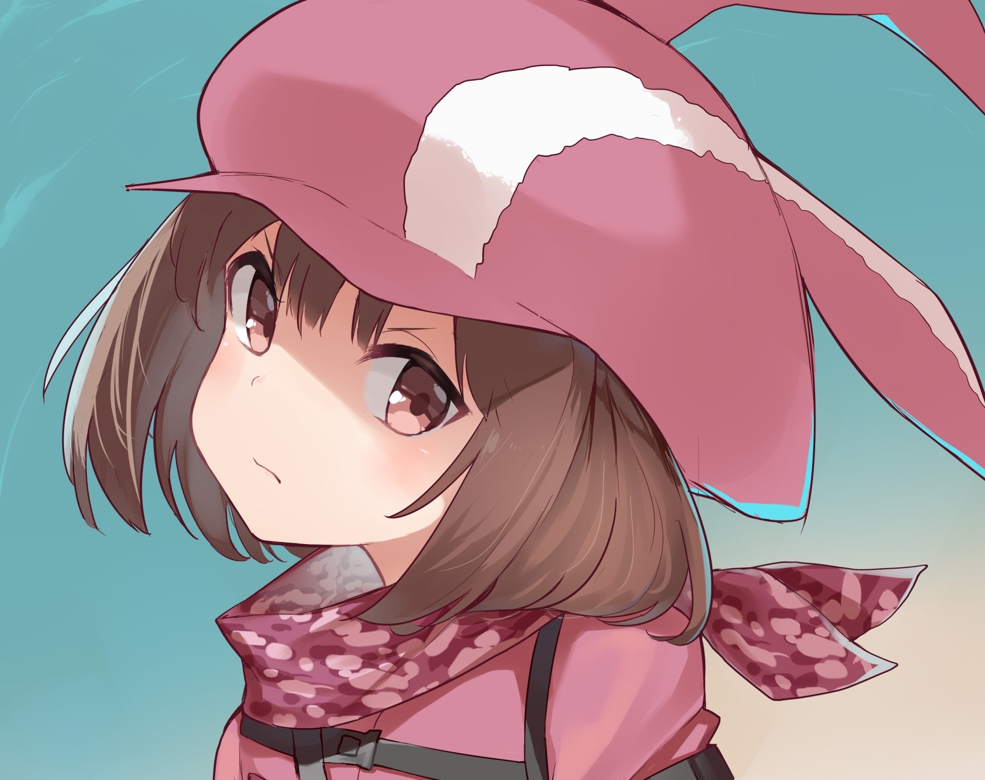 HD desktop wallpaper featuring Karen Kohiruimaki as LLENN from the anime Sword Art Online Alternative: Gun Gale Online, with a teal background and pink bunny hat.