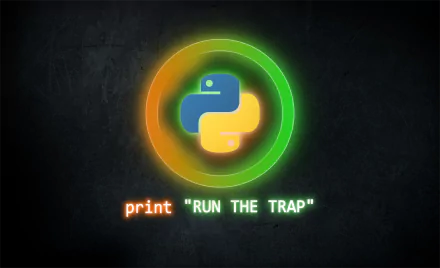 8K Ultra HD desktop wallpaper featuring the Python programming language logo surrounded by a glowing green and orange ring with the text print RUN THE TRAP below.