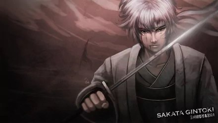 Gintoki Sakata from Gintama — anime HD PC desktop wallpaper/background: moody close-up of him drawing his katana, intense expression and muted, stormy tones.