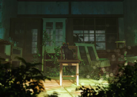 A black cat sits on a chair in an atmospheric anime-style setting, surrounded by overgrown greenery inside an old building. HD desktop wallpaper and background.