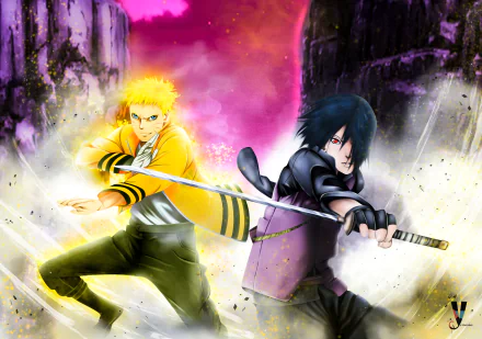 HD desktop wallpaper featuring anime characters Naruto Uzumaki and Sasuke Uchiha from Naruto and Boruto series in dynamic action poses.