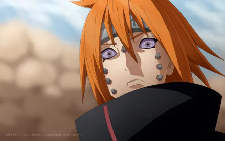 4K Ultra HD anime wallpaper featuring Naruto's Animal Path with striking orange hair and distinctive piercings, set against a blurred natural background.