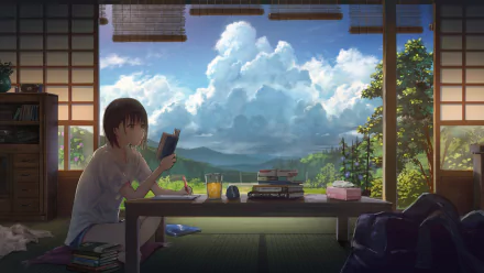 Anime-style wallpaper featuring a girl reading a book in a serene room with an open window showing a scenic mountain view.