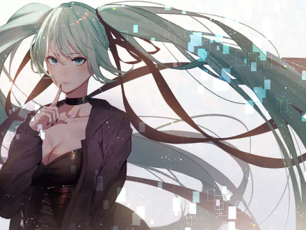 HD PC desktop wallpaper of Hatsune Miku (Vocaloid) in anime style: teal twin-tails, black outfit, finger to lips, flowing ribbons and pixelated light effects across a soft background.