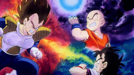 HD Dragon Ball Z desktop wallpaper featuring Vegeta, Krillin, and Gohan in dynamic battle poses with vibrant energy effects in the background.