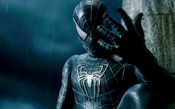 HD desktop wallpaper featuring Spider-Man in his black suit from the movie Spider-Man 3, set against a dark, moody background.