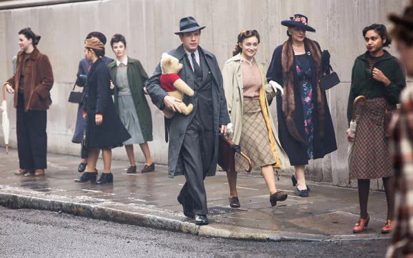 HD wallpaper featuring a scene from Christopher Robin with characters walking on a city street, suitable as a desktop background.