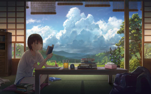 Anime-style wallpaper featuring a girl reading a book in a serene room with an open window showing a scenic mountain view.