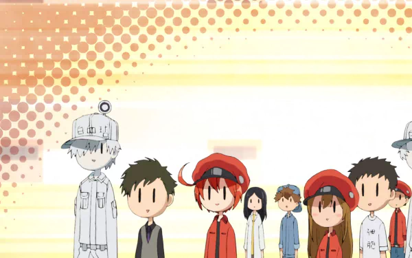 HD PC desktop wallpaper featuring anime characters from Cells at Work! standing against a light orange patterned background.