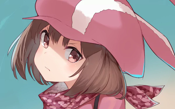 HD desktop wallpaper featuring Karen Kohiruimaki as LLENN from the anime Sword Art Online Alternative: Gun Gale Online, with a teal background and pink bunny hat.
