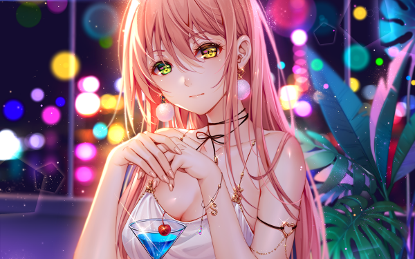 Anime Girl Pink Hair Long Hair Earrings Yellow Eyes Heterochromia HD Wallpaper | Background Image