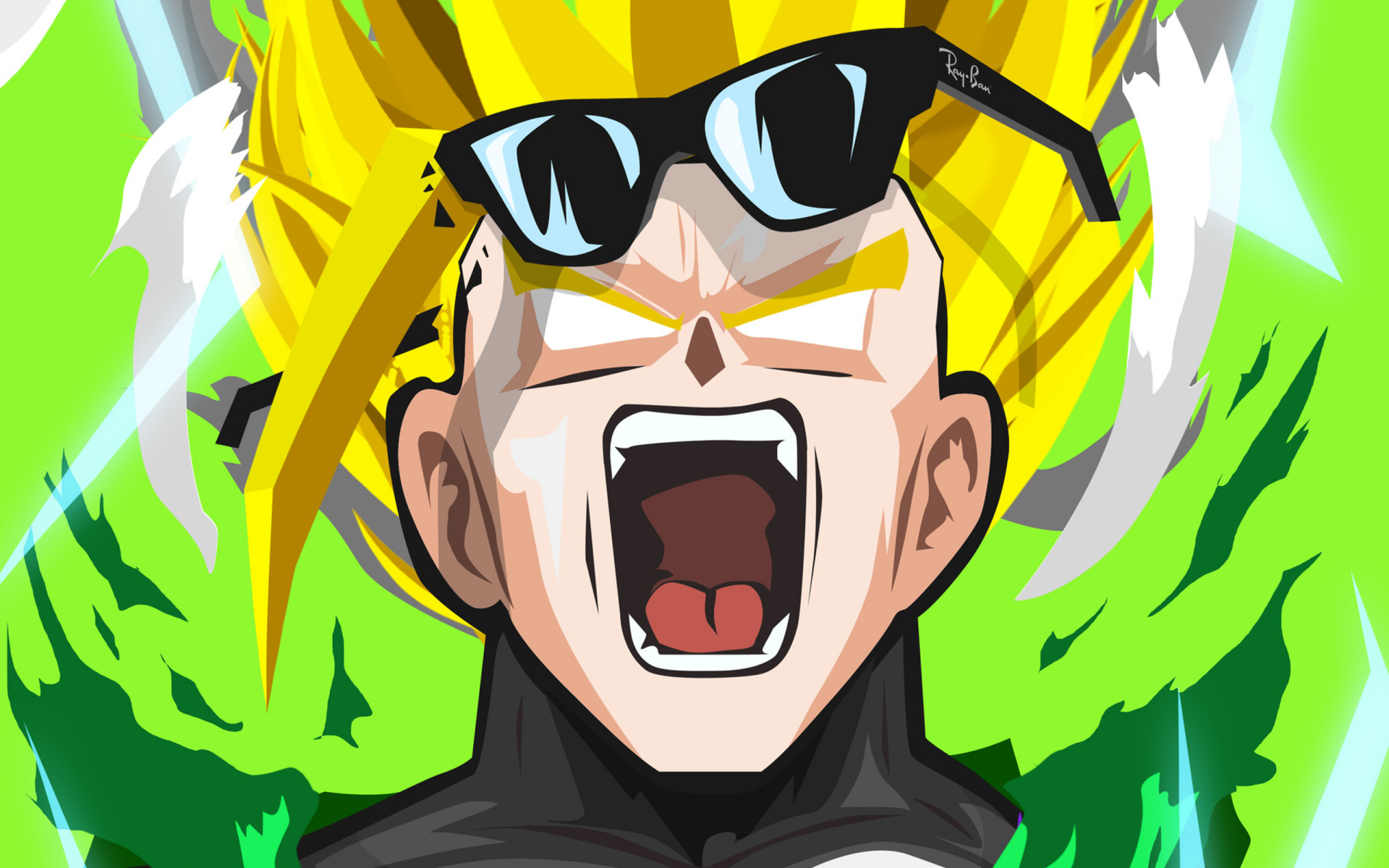 HD anime wallpaper of Super Saiyan 2 Gohan from Dragon Ball Z, featuring him with glowing yellow hair, sunglasses, and an intense energy aura in the background.
