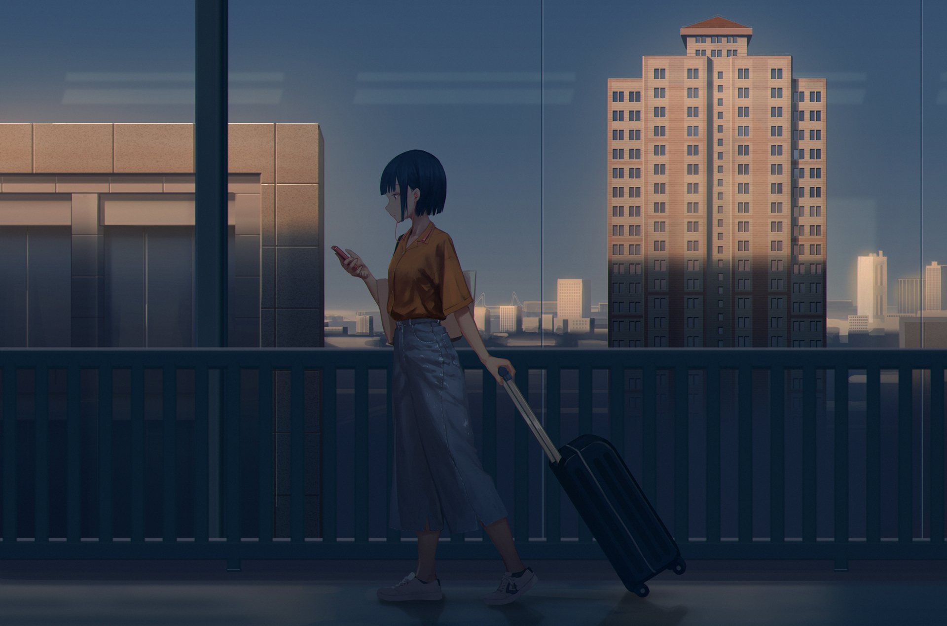 Anime-style HD desktop wallpaper of a short-haired black-haired character wearing earbuds, walking with a suitcase through a cityscape at dusk.