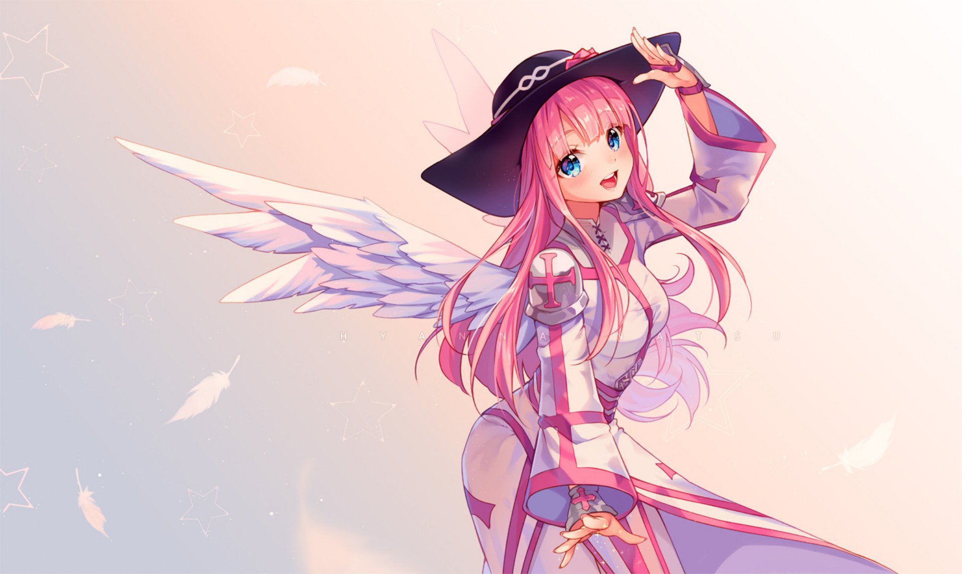 HD anime-style original desktop wallpaper featuring a pink-haired girl with angel wings and a black hat, set against a soft, pastel background with floating feathers.
