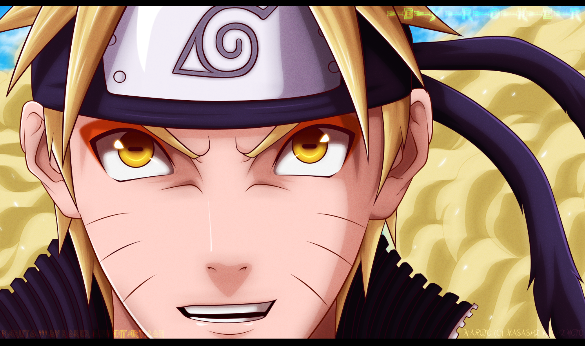 HD PC desktop wallpaper: close-up anime portrait of Naruto Uzumaki with a determined gaze, Konoha headband, whisker marks, blond spiky hair and a glowing, swirling golden chakra background.