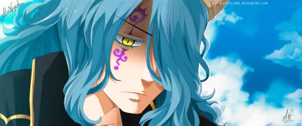 Mercuphobia (Fairy Tail) close-up: teal-haired character with a yellow eye and purple facial mark against a bright blue sky — 2K Quad HD anime PC desktop wallpaper.