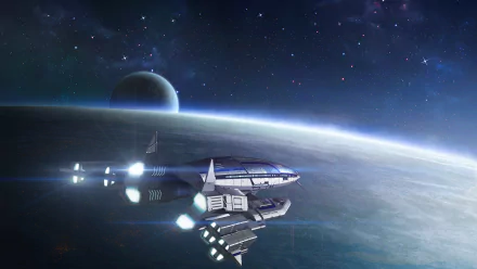 Normandy SR-3 from Mass Effect glides above a blue planet under starlit space — video game HD PC desktop wallpaper and background.