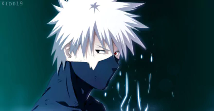 HD anime desktop wallpaper featuring Kakashi Hatake from Naruto, showcasing his spiky white hair and mask against a dark, glowing background.