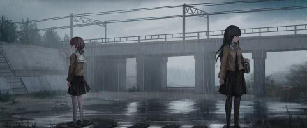 Yuu Koito and Touko Nanami stand under rainy skies in this HD wallpaper from Bloom Into You, capturing a poignant moment of solitude and reflection.