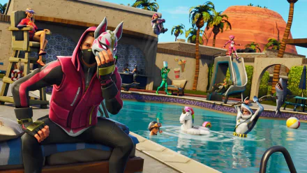 HD Fortnite Battle Royale desktop wallpaper showing various characters relaxing around a swimming pool, with inflatable unicorns and poolside activities set against a desert backdrop.