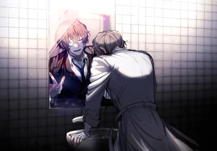 HD desktop wallpaper featuring Osamu Dazai from the anime Bungou Stray Dogs. The character appears distressed, leaning over a sink with a reflection of him smiling eerily in the mirror.