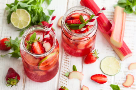 HD desktop wallpaper featuring a vibrant still life with two jars of strawberry-infused drinks, garnished with fresh strawberries, rhubarb, and lime slices on a white wooden surface.