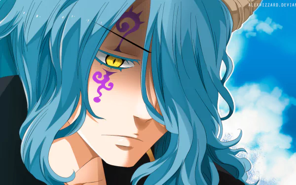 Mercuphobia (Fairy Tail) close-up: teal-haired character with a yellow eye and purple facial mark against a bright blue sky — 2K Quad HD anime PC desktop wallpaper.