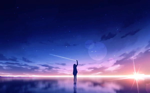 HD anime wallpaper featuring an original art of a silhouette standing on a reflective surface, pointing towards a shooting star in a twilight sky filled with clouds and lens flares.