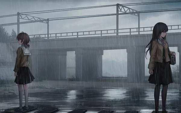 Yuu Koito and Touko Nanami stand under rainy skies in this HD wallpaper from Bloom Into You, capturing a poignant moment of solitude and reflection.